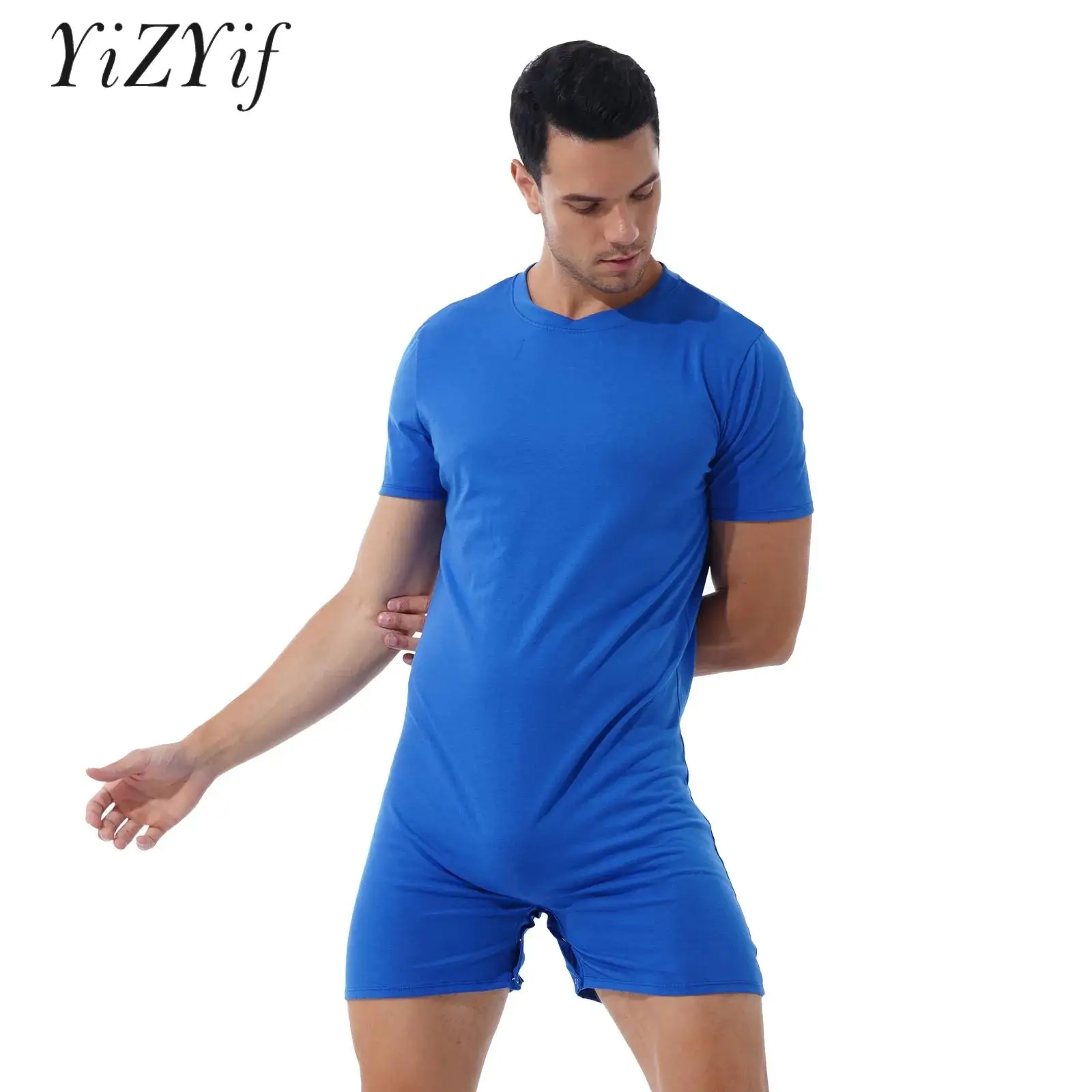 Mens One Piece Press Crotch T-shirt Summer Sports Exercise Running Bodysuit Diaper Pajamas Sleepwear Shapewear Bathing Suit