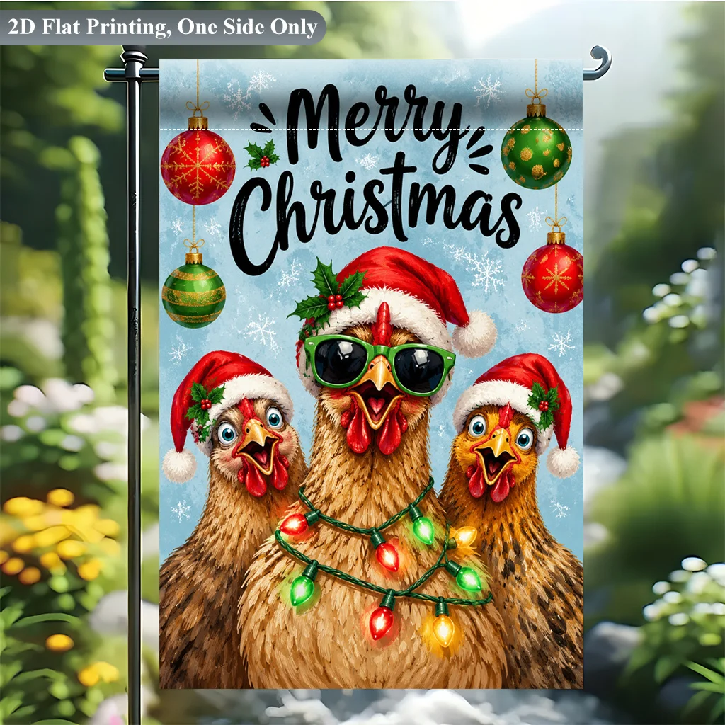 2D Flat Garden Flag 1 Piece, Christmas Themed Hooded Hen Creative Single-sided Printing Design Garden Flag, Polyester Material, Suitable for Courtyard and Terrace Decoration, Scene Decoration, Home and Scene Decoration, Excluding Flagpole