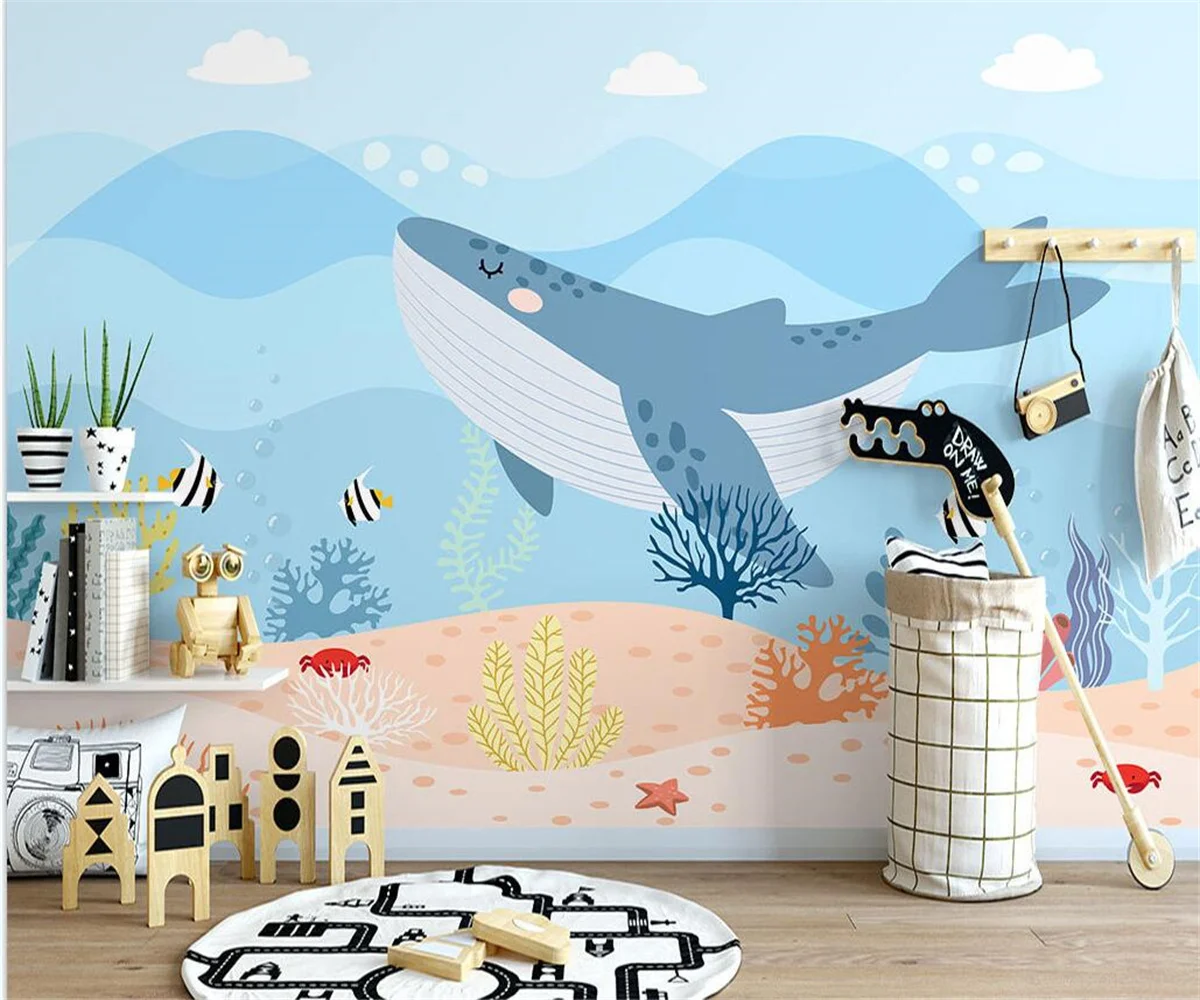 

Customized wallpaper Nordic hand-painted cartoon underwater world whale children's room background wall murals 3d wallpaper