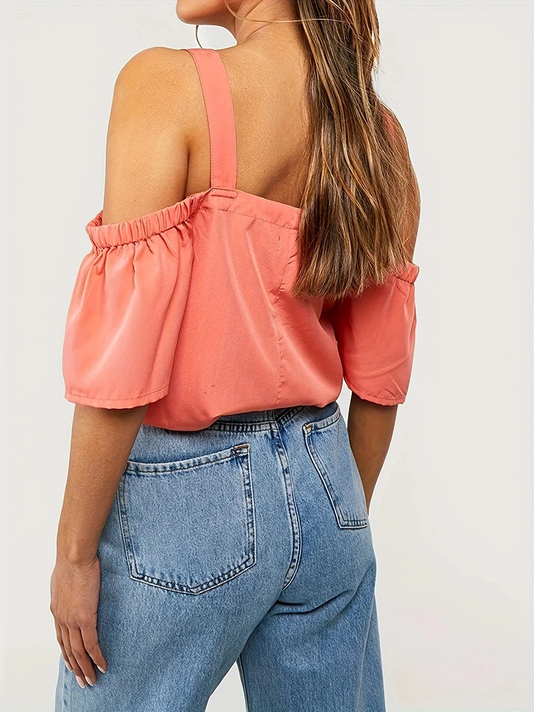 Mugen Solid Color Blouse Off-Shoulder Tops 2024 Women's Clothing For Summer Short Sleeves T-Shirt Loose Casual Square Collar Tee