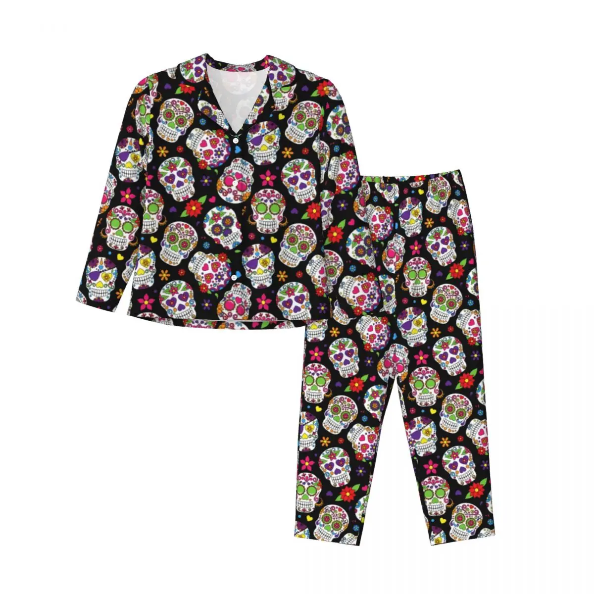 Trendy Floral Skull Pajamas Set Autumn Colorful Sugar Skulls Cute Room Sleepwear Women 2 Piece Casual Loose Oversized Nightwear