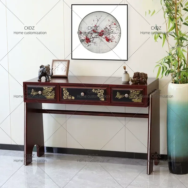New Chinese Style Light Luxury Solid Wood Dressing Table with Gold Painted Butterfly Motif Zen Hand Painted Bedroom Vanity