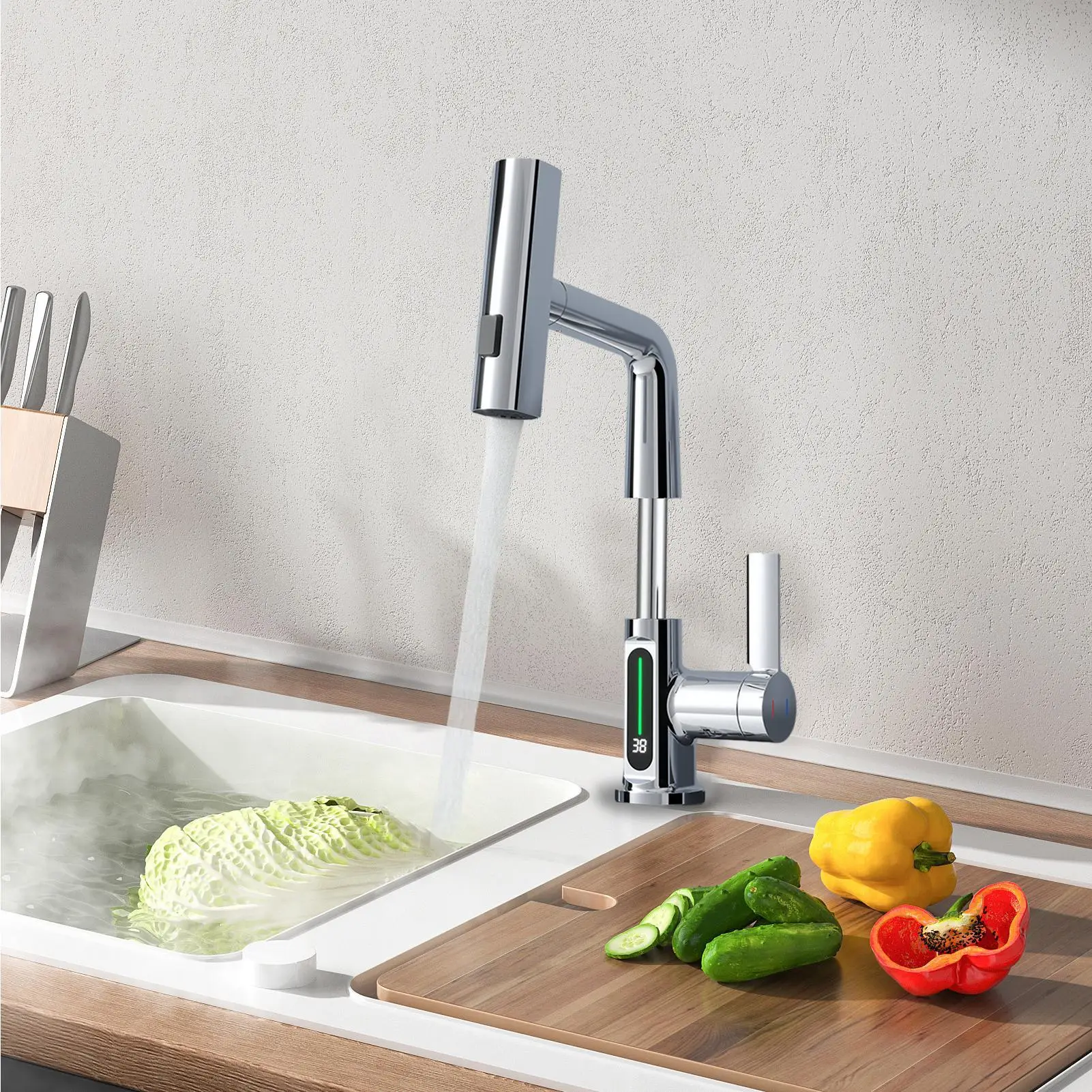 Faucet For Kitchen Smart Pull Down 5 Water Modes Digital Display Faucet Height Adjustable Water Tap For RV Camper Hotel Kitchen