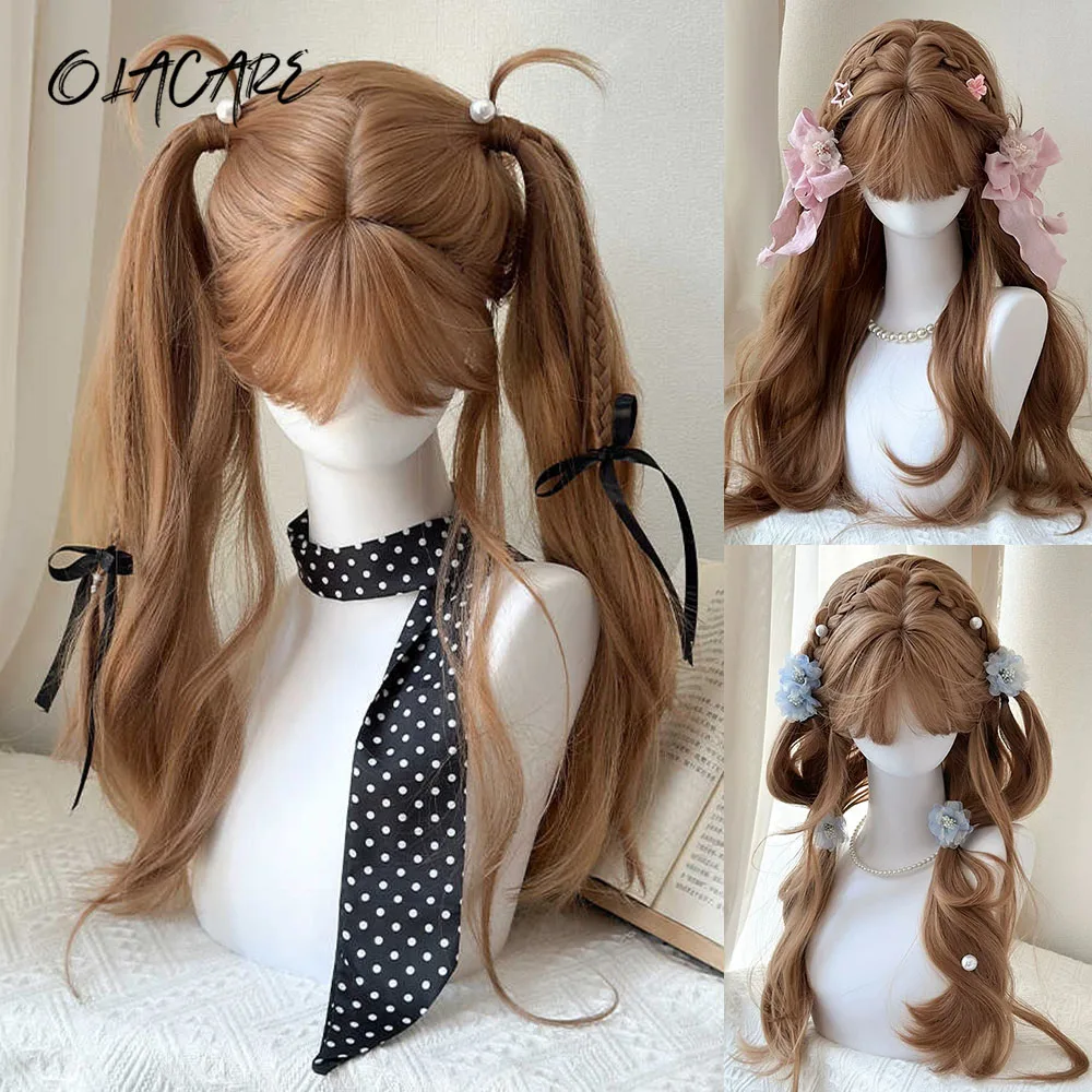 OLACARE Synthetic Long Natural Hair Wig Daily Cosplay Heat Resistant  Gold Brown Black Wavy Wigs with Bangs for Women