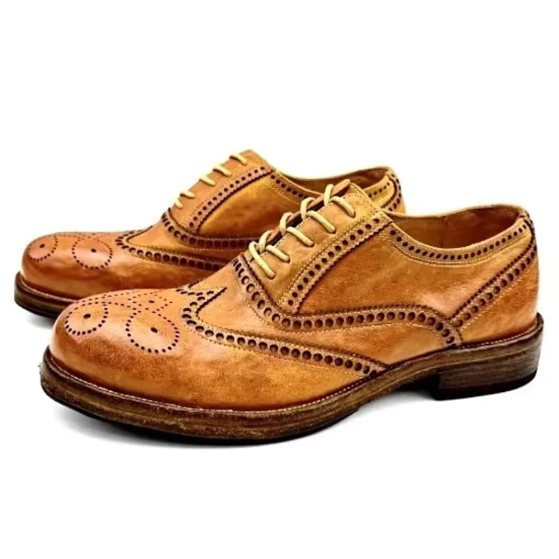 Handmade Men's Shoes Thick Soled Genuine Leather Horseskin Casual Brogue Carved Dress Leather Shoes Male Work Business Oxfords