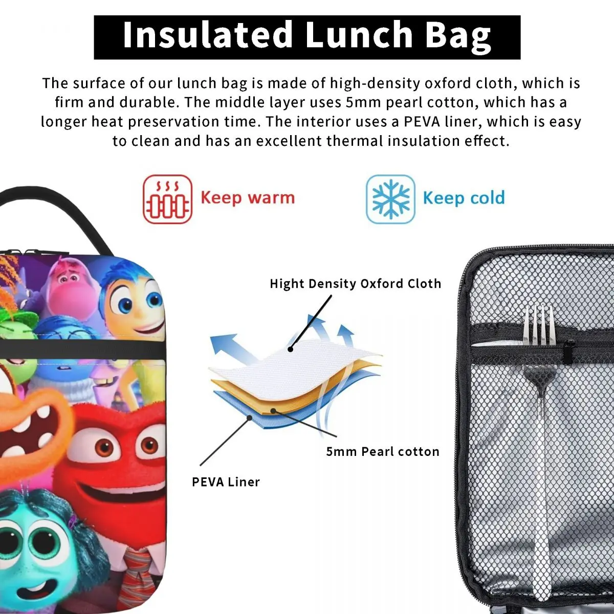 Cartoon Inside Out Insulated Lunch Bags High Capacity Reusable Thermal Bag Tote Lunch Box Work Travel Food Storage Bags