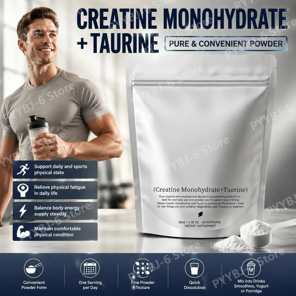Creatine Monohydrate Taurine Powder 180g Fine Texture Quick Dissolving Workout Performance Energy Endurance Support 30 Servings