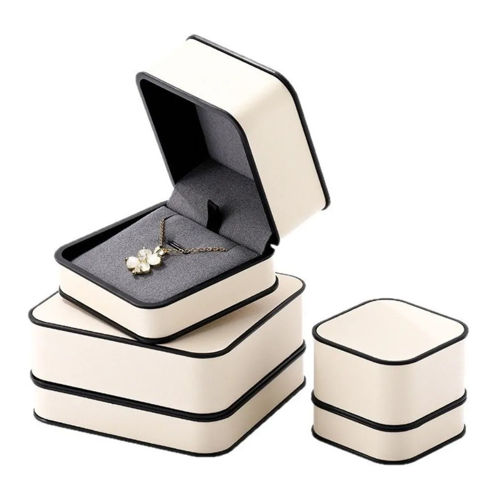 Fashion High-end Ring Box Velvet-lined PU Earring Box Beige Round Corner Black Frame Design Ring Bracelet Organizer