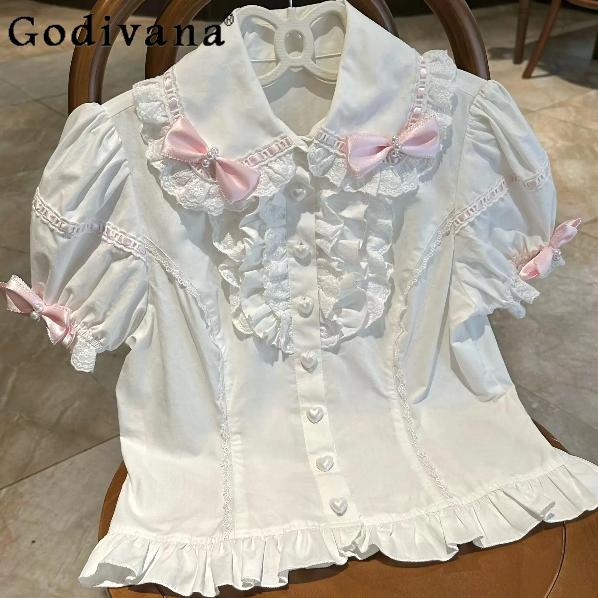 

Original Japanese Sweet Girls Lolita Inner Shirt Autumn Women's Slim Fit Elegant Cute Bow Pearl Kawaii Blouses Camisas De Mujer