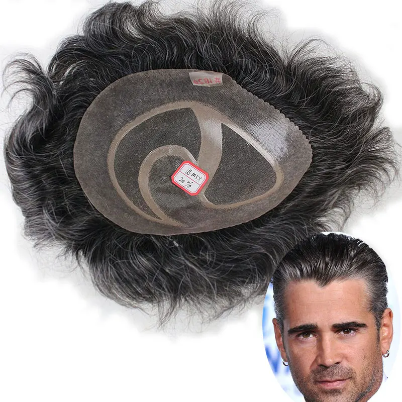 Toupee de cabelo para homens, renda mono com poli PU 10x8in, perucas masculinas, sistema de substituição de postiços, onda natural 1B Mix 20, cabelos grisalhos