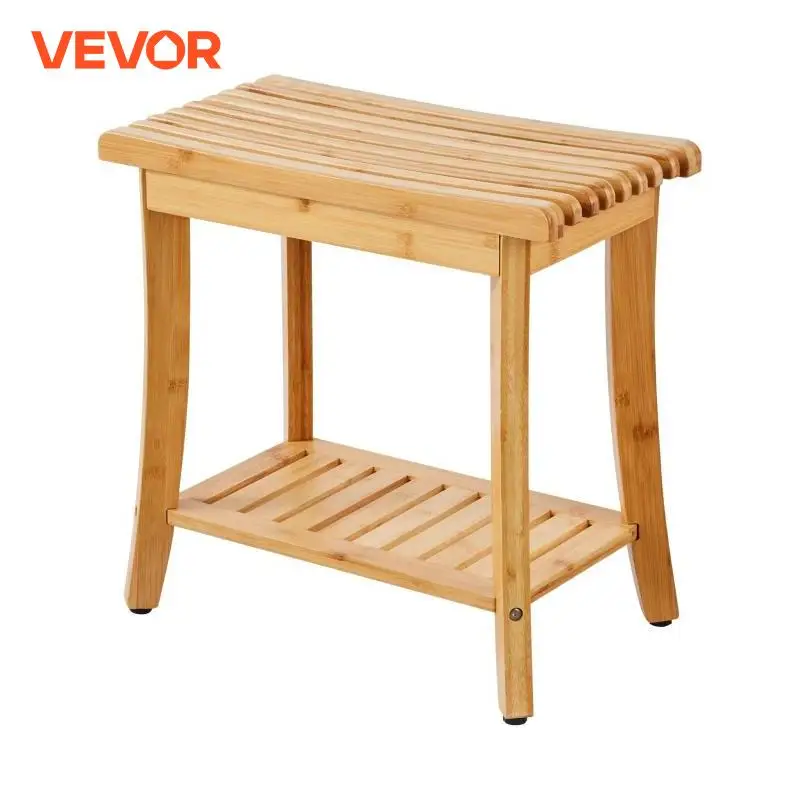 VEVOR Bamboo Shower Bench 19.1 x 11.3 x 18.3 in Waterproof Shower Stool Chair with Storage Shelf 330lbs Load Capacity Spa Seat