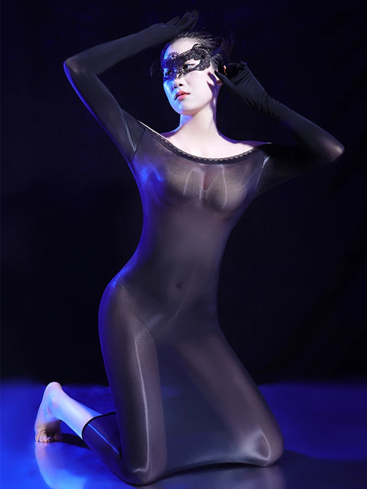 Sexy Women 5D Oil Glossy Shiny Micro Mini Dress Five Glove Bodycon Tights Dresses Sheer See Through Elastic Pencil Dress