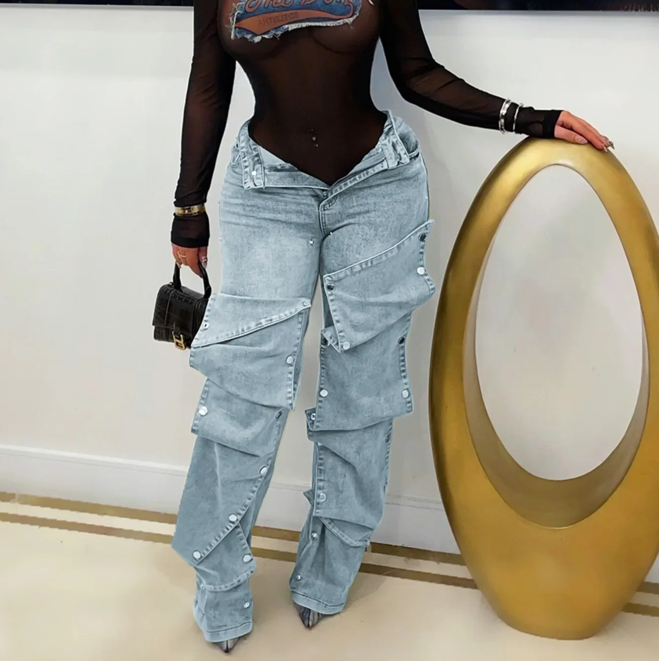 Jeans Denim Pants Women Straight Button Pockets High Waist Mom Floor Length Washed Distressed Strech Trousers 2025 Streetwear