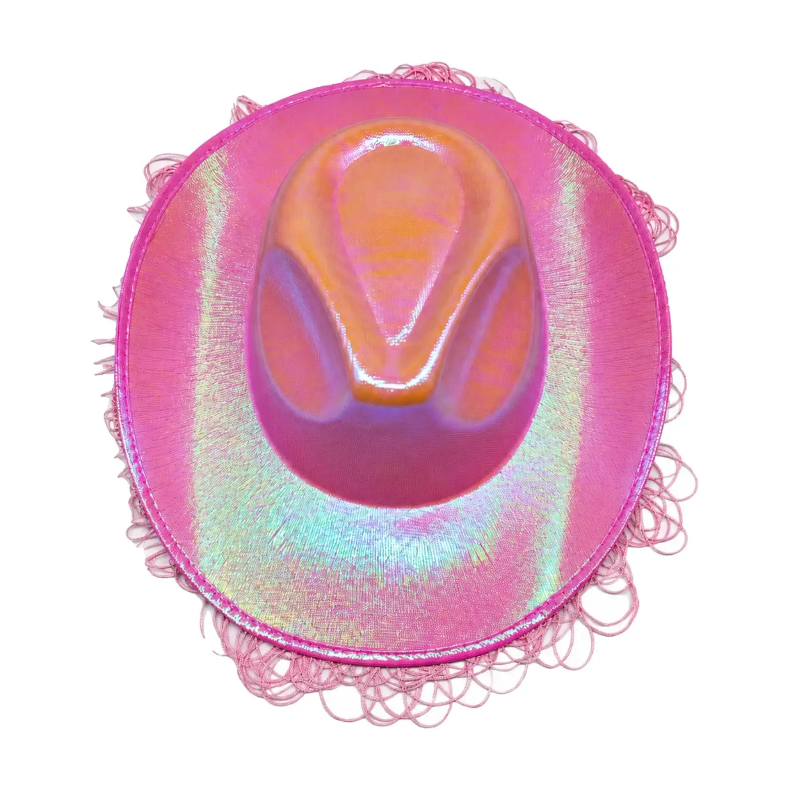 Pink Cowboy Hat with Fringe Shimmering Iridescent Cowboy Hat Eye-Catching Structured for Halloween Parties, Festivals
