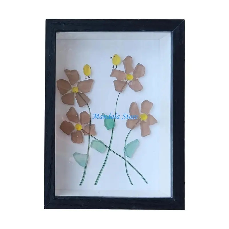 U2JC Handmade Sea Glass Artwork Forget Not Flower Birds Frame Table Art Decors Housewarmings Gift