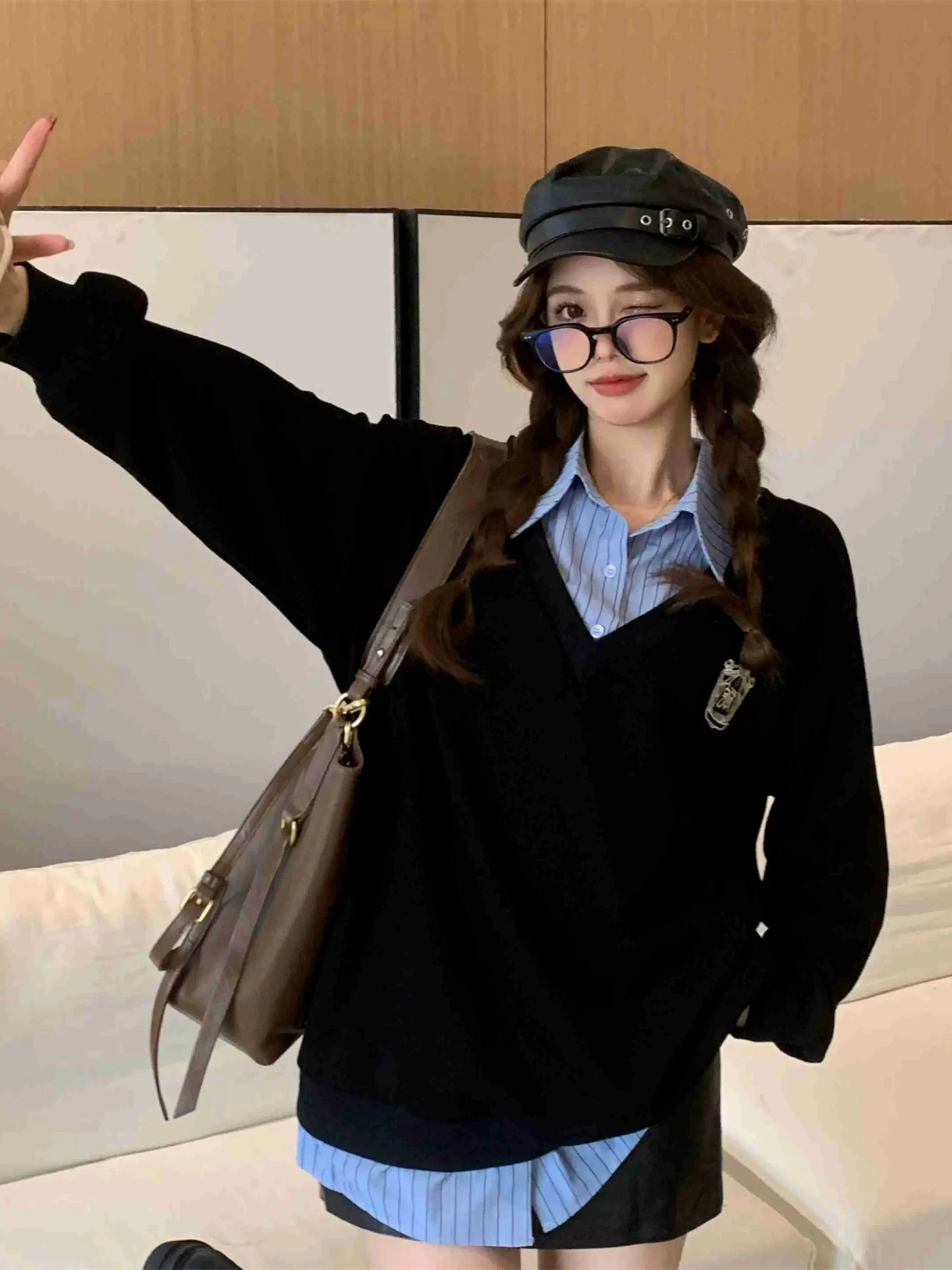 Women's Oversized Fleece Lined Shirt Collar Patchwork Sweatshirt Loose Fit Autumn Winter Outerwear Casual College Style