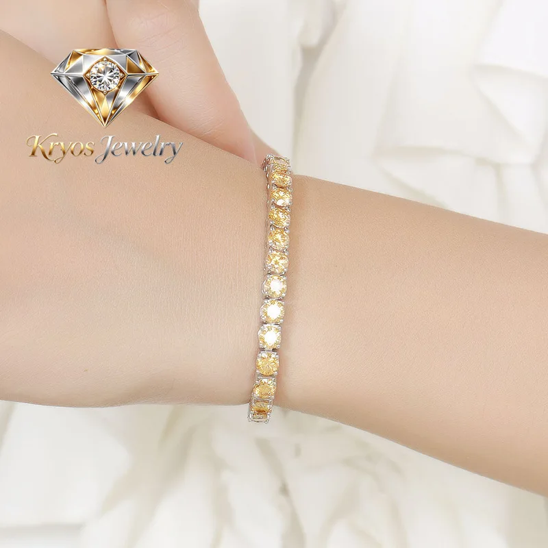 Kryos Jewelry Luxury Solid Platinum PT950 Women's 3MM Full Diamond Moissanite Champagne Bracelet Tennis Chain
