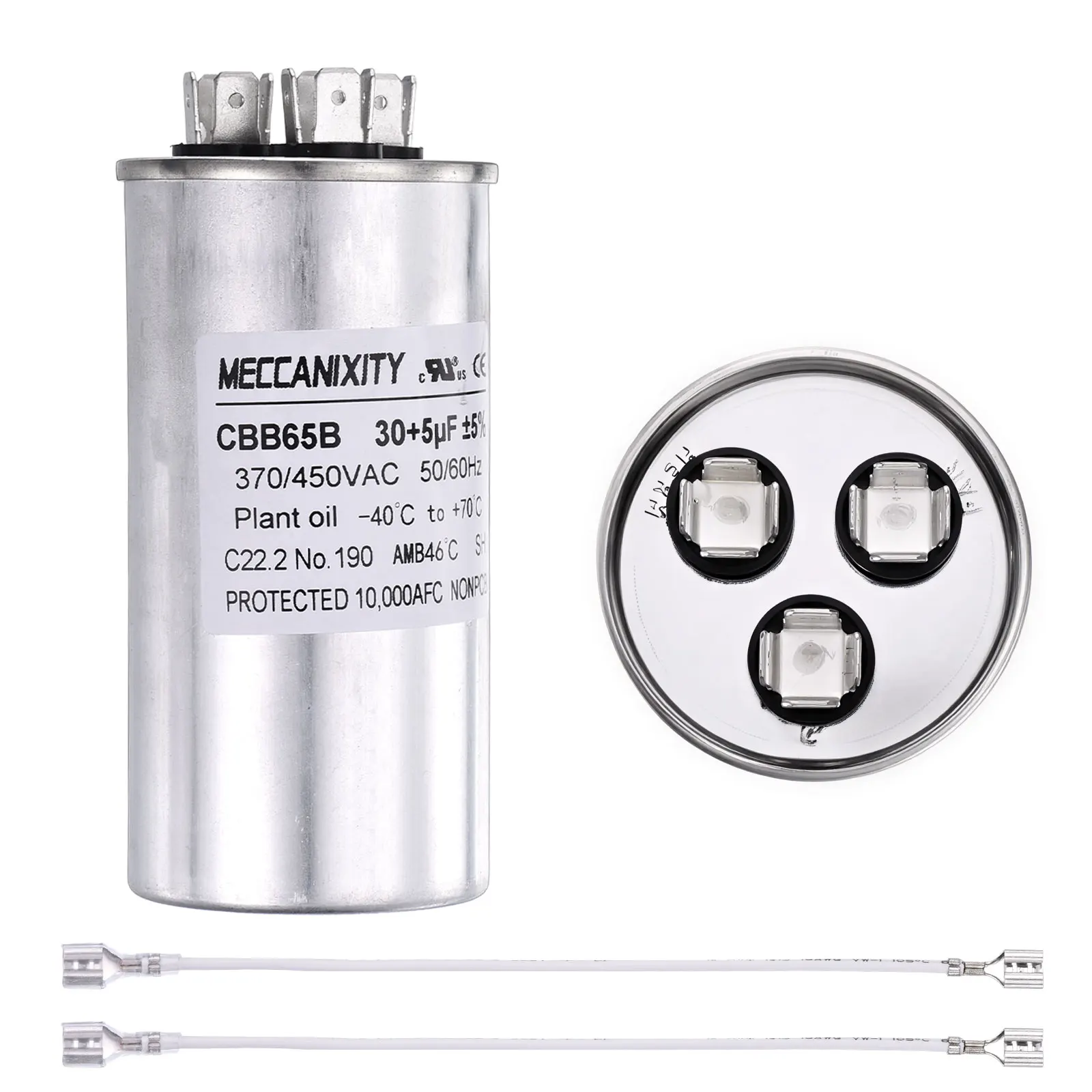 1/2Set CBB65 Dual Run Start Capacitor 30-80+5UF 30-80/5MFD   370/450VAC Round Air Conditioner Capacitor with Terminal Wires