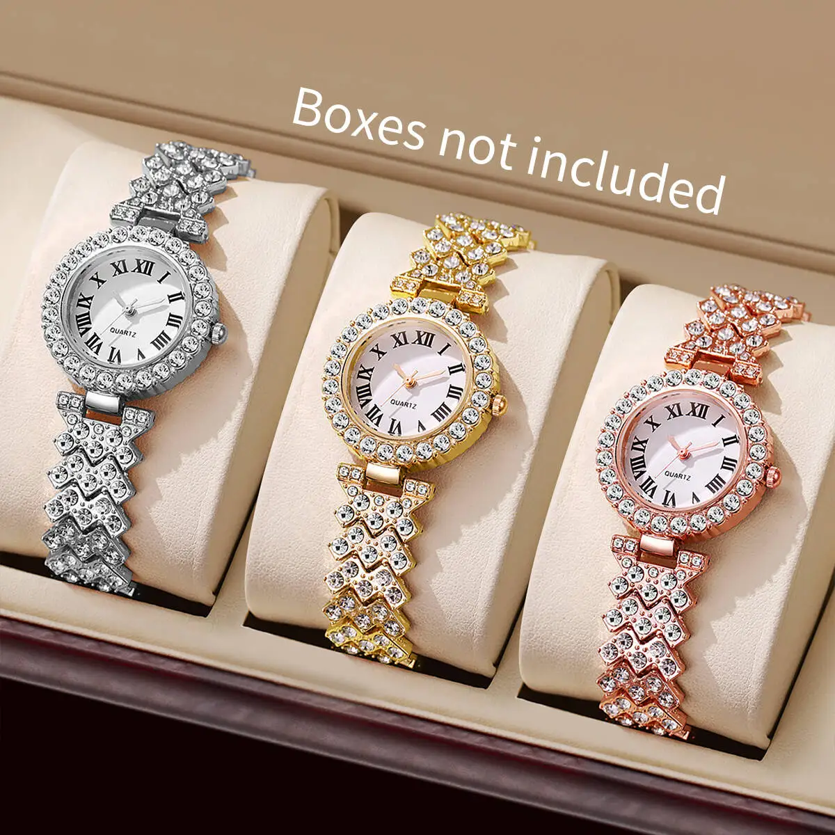 3PCS/Set Fashion Roma Dial Women Quartz Watch Luxury Rhinestone Bracelet Strap Wrist Watches for Women Clock（Without Box）