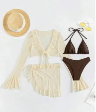 Set bikini da donna con micro mini stringhe solide 4 pezzi con top in rete e gonna costume da bagno costume da bagno abiti da spiaggia Biquini