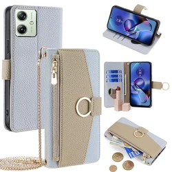 Long Chain Crossbody Zipper Wallet Flip Cover for Motorola G34 G04 G24 G84 G54 G14 Leather Crossbody Case Moto G34 with Lanyard