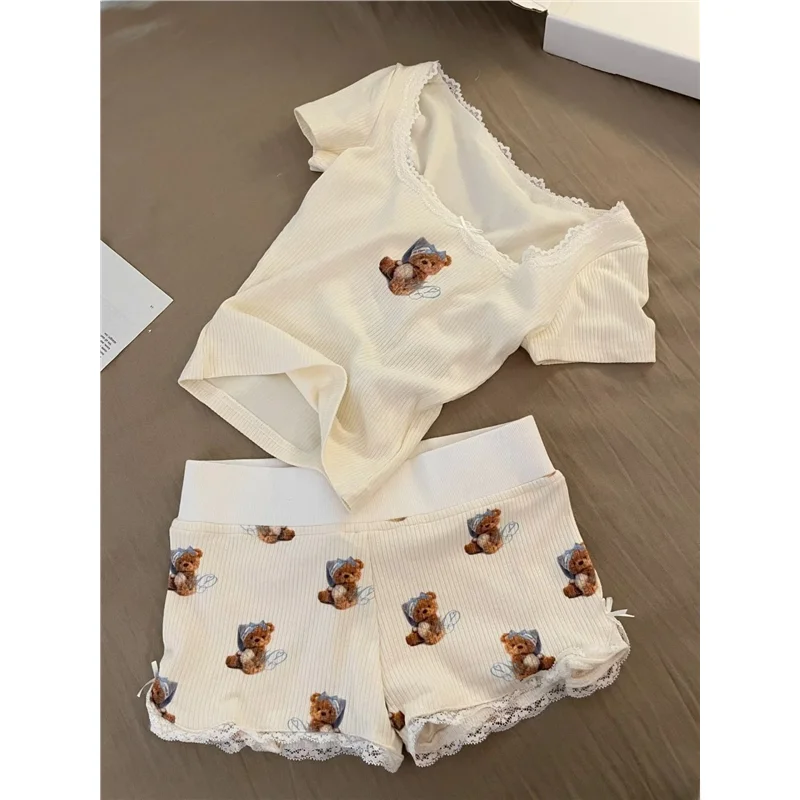 かわいいクマの長袖パジャマ女性の春秋夏ホーム服セットショートパンツアウトウェアラウンドネックホーム快適 1