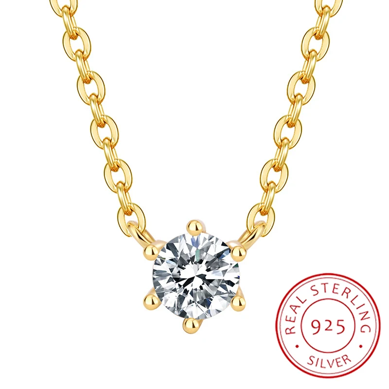 

Classic 18K Gold Six-Jaw Round Geometric Pendant Necklace For Women 100% Original Sterling Silver Valentine's Day Gift Jewelry