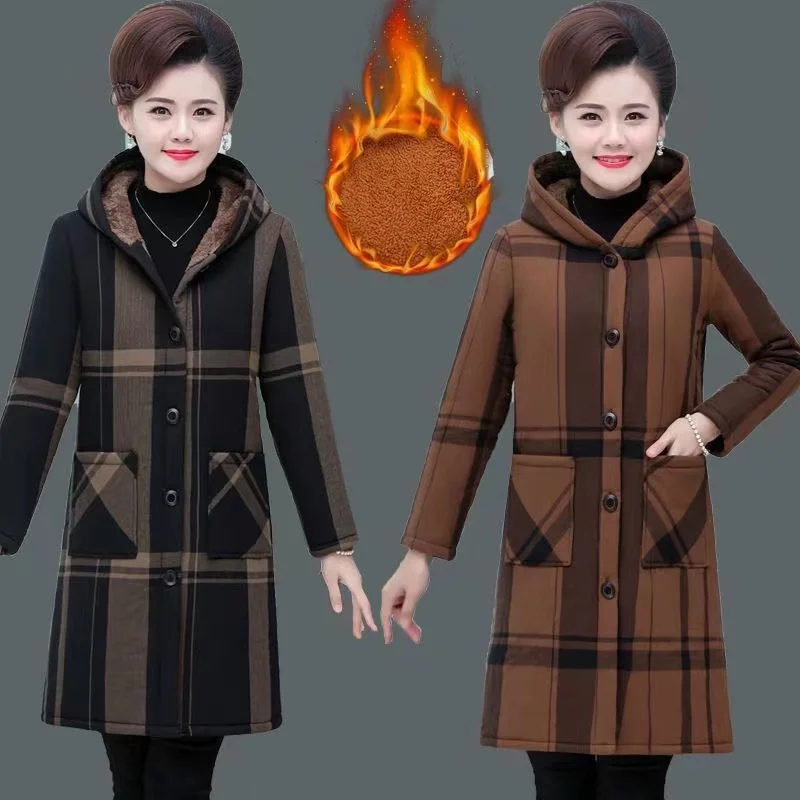 2023 New Women's Winter Jacket Coat Plaid Velvet Warm Mid Long Cotton Padded Jacket Middle-aged Female Hooded Outerwear 5XL