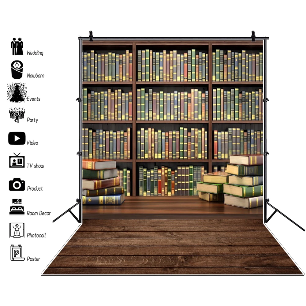 Vintage Bookcase Library Photography Backdrops Wooden Shelf Classic Books Wood Floor Retro Theme Party Reading Corner Background