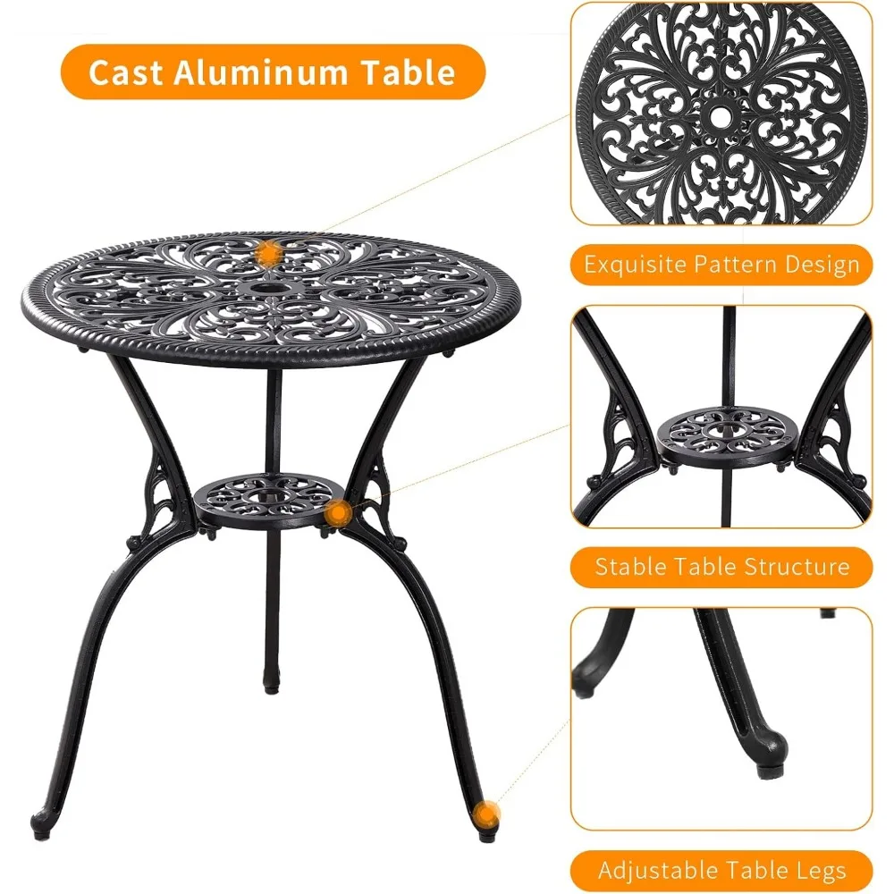 طقم فناء بيسترو مكون من 3 قطع للاستخدام الخارجي، طاولة بيسترو خارجية من الألومنيوم المصبوب ومجموعة كراسي مكونة من قطعتين مع فتحة مظلة مقاس 1.97 بوصة، صدر لجميع الأحوال الجوية