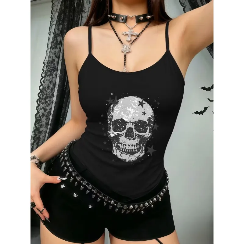 Women Gothic Spaghetti Strap Cami Top Distressed Skull Star Graphic Print Grunge Streetwear Summer Camisole Vest Tops