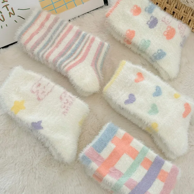 Candy Color Kawai Sweet Mink Velvet Middle Tube Socks Satr Heart Little Rabbit Women's Striped Ins Home Floor Warm Sleeping Sock