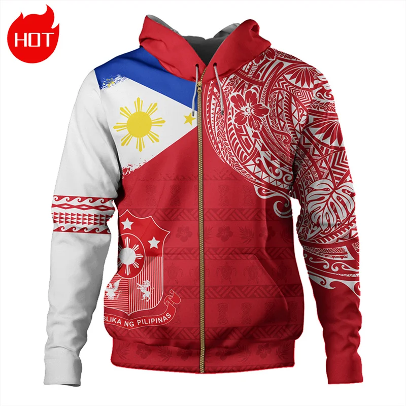 Vintage 3D Print Polynesian Philippines Coat Of Arms Zip Up Hoodies Philippines Tribal Tattoo Graphic Mens Sweatshirts Pullovers