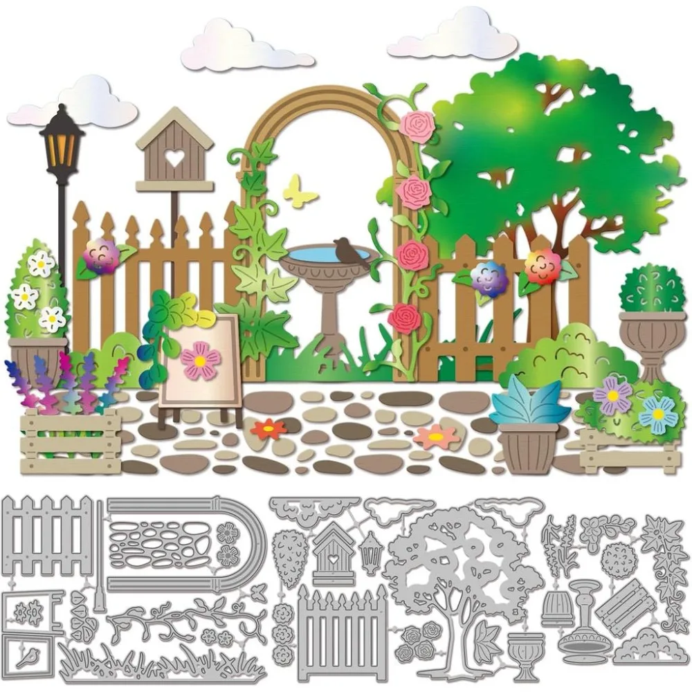 Garden Cutting Dies for Card Making Flowers Plants Metal Die Cuts Clouds Trees Fence Die Cut Dies Scrapbooking Paper