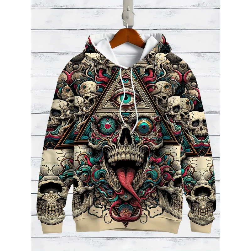 هوديي رجالي مطبوع عليه جمجمة ثلاثية الأبعاد - تصميم مخدر نابض بالحياة، مقاس فضفاض، بلوفر كاجوال بأكمام طويلة، أنماط لافتة للنظر #3