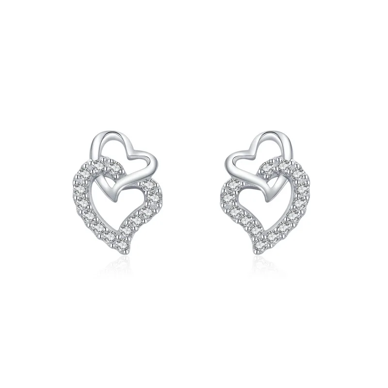 

Simple Design S925 Sterling Silver Hollow Heart-Shape Women's Earrings Flash Diamond Love Studs