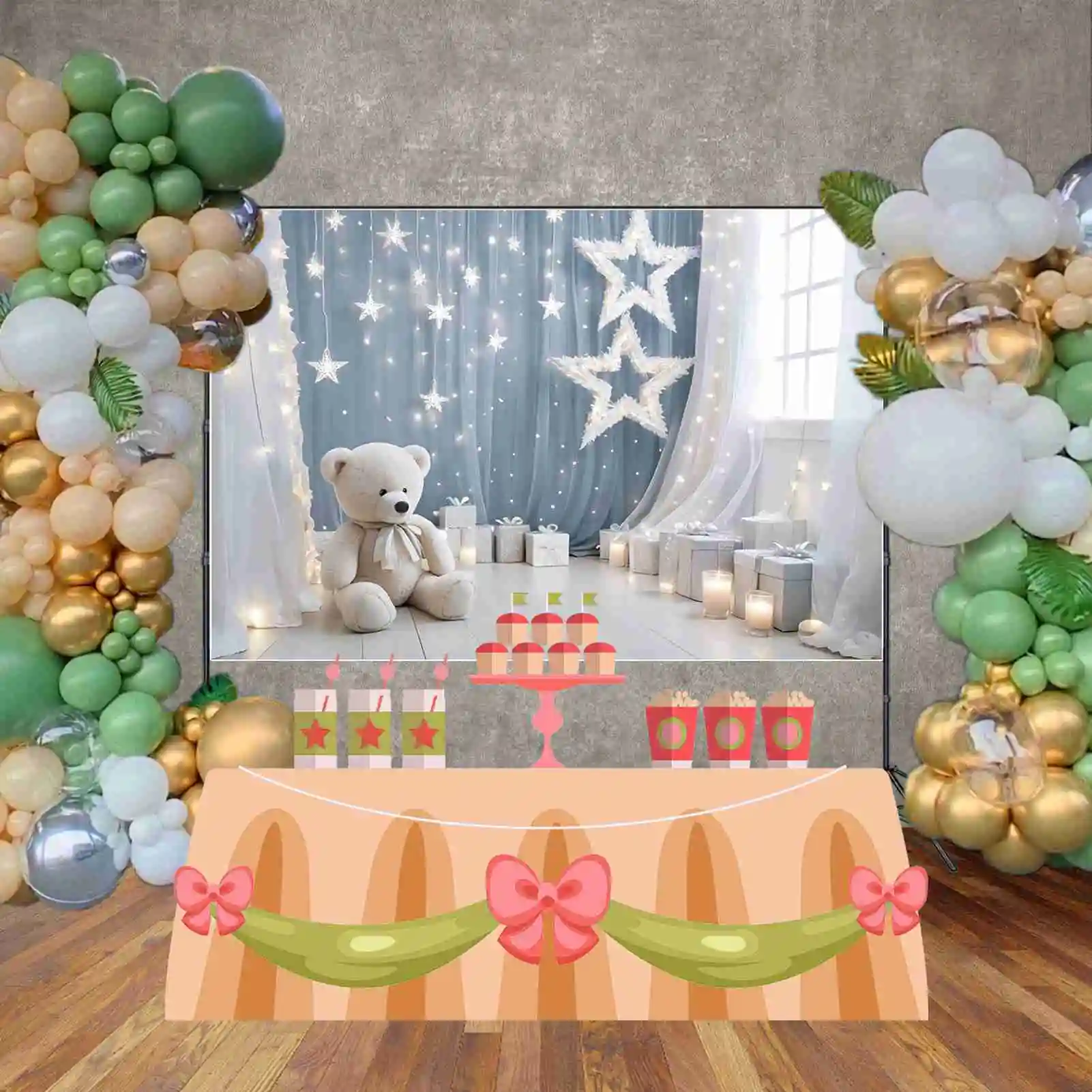 Moon.qg ดาวแสงฉากหลังวันเกิดครั้งแรกลูกบอลเทียนเด็กพื้นหลังตุ๊กตาหมีที่กำหนดเองตกแต่งปาร์ตี้อุปกรณ์ประกอบฉากการถ่ายภาพ