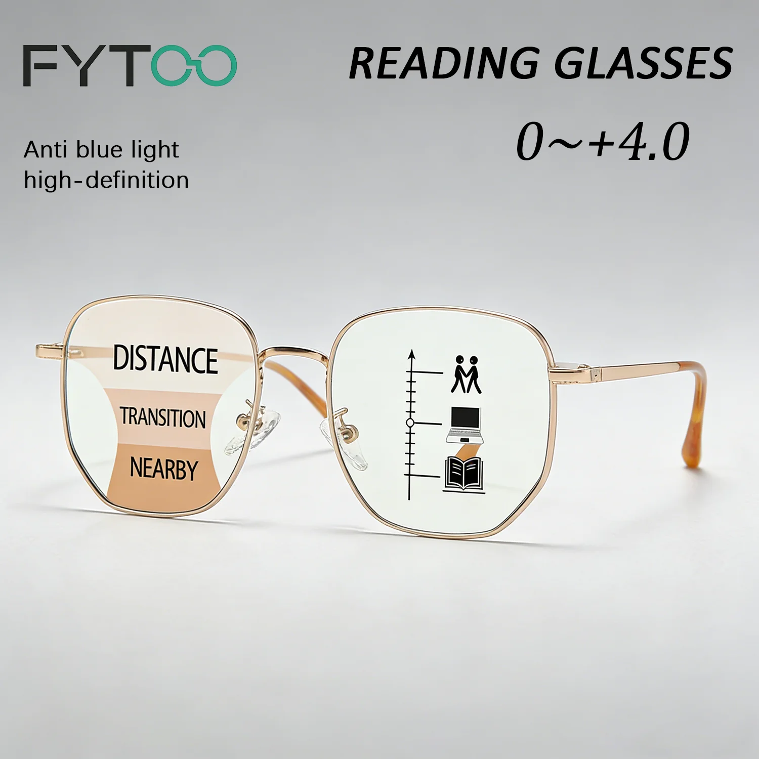 

FYTOO Women's Progressive Multifocal Reading Glasses, Rose Golden Polygonal TR Frame, Essential Stylish Eyewear for Office Use.