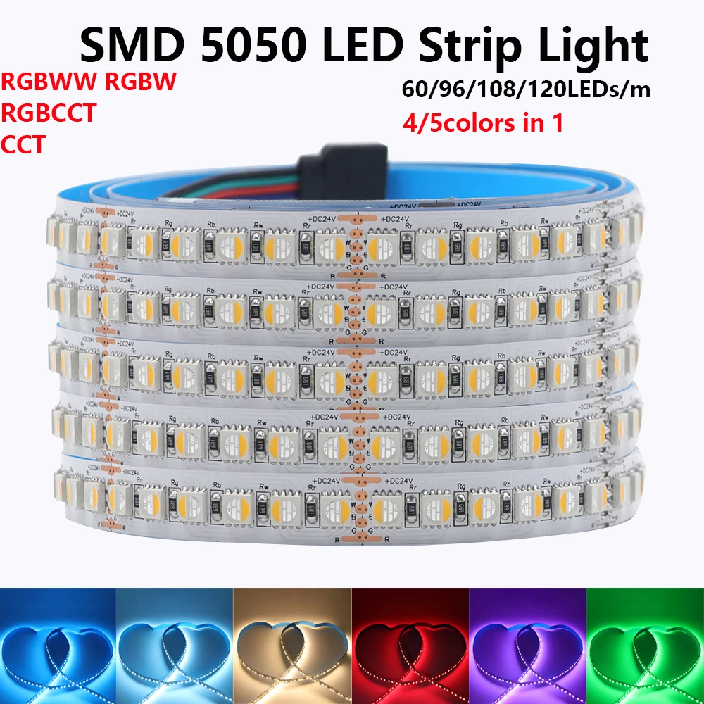 12V 24V RGBWW RGBW RGB CCT LED Strip Light Tape 5m RGBCCT 4 5 Colors In 1 Chip 5050 60 96 108 120 LEDs White Flexible Ribbon