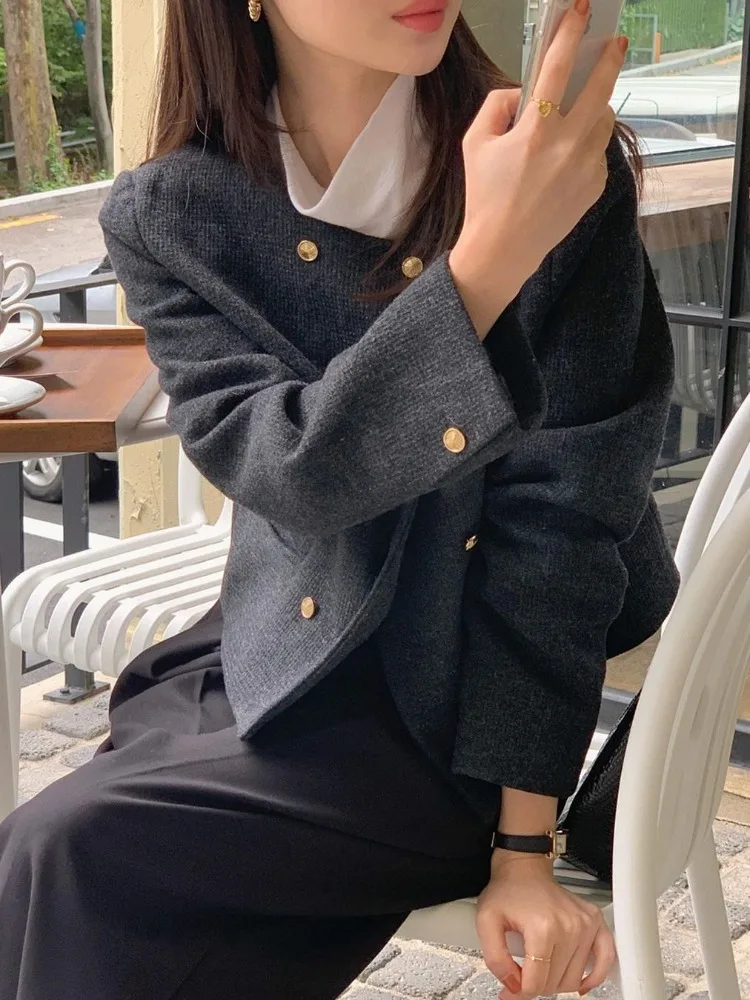 Dongda Gate Design Thiened ort Casual Coat round Ne Double Button Commute Women's Top Polyester Fiber Long Sve