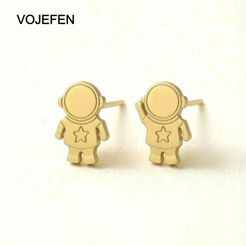 VOJEFEN Real Gold Jewelry 18K Astronaut Stud Earrings Cute Space Theme Earrings for Men Unique Asymmetric Spaceman Fine Jewelry