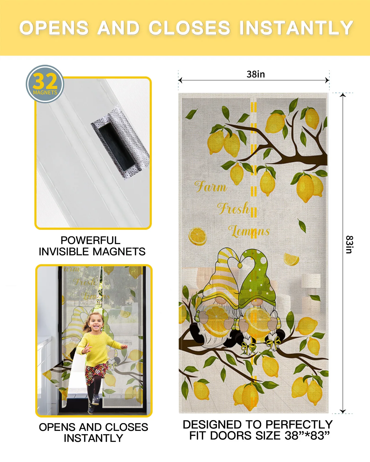 Summer Lemon Lemon Tree Gnome Summer Magnetic Screen Door Curtain Anti Mosquito Net Insect Fly Bug Kitchen Curtains