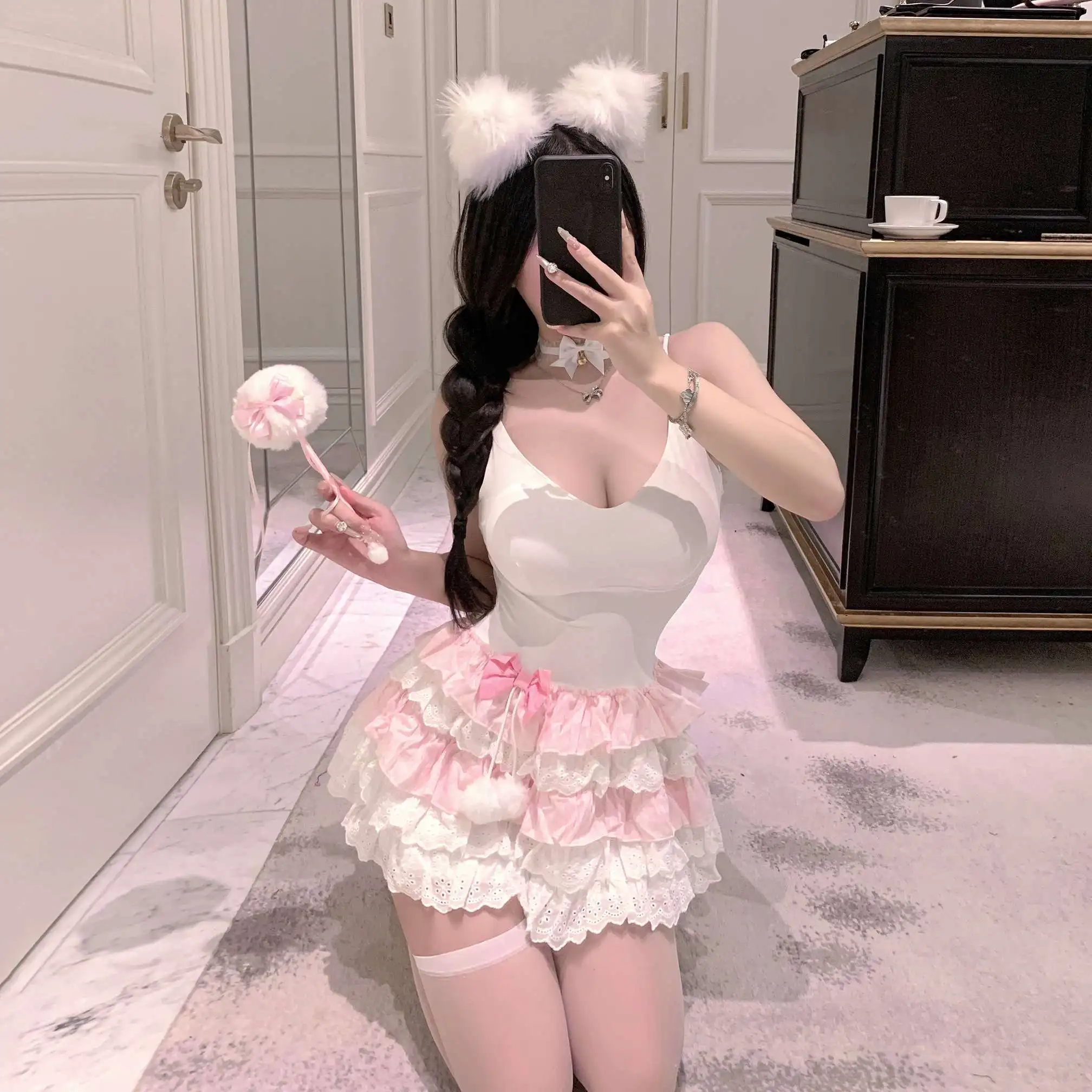 Trajes de falda con corsé y cuello Halter de encaje de espina de pescado para mujer, trajes de Lolita para mujer, conjunto de falda elegante de estilo Ballet Lolita