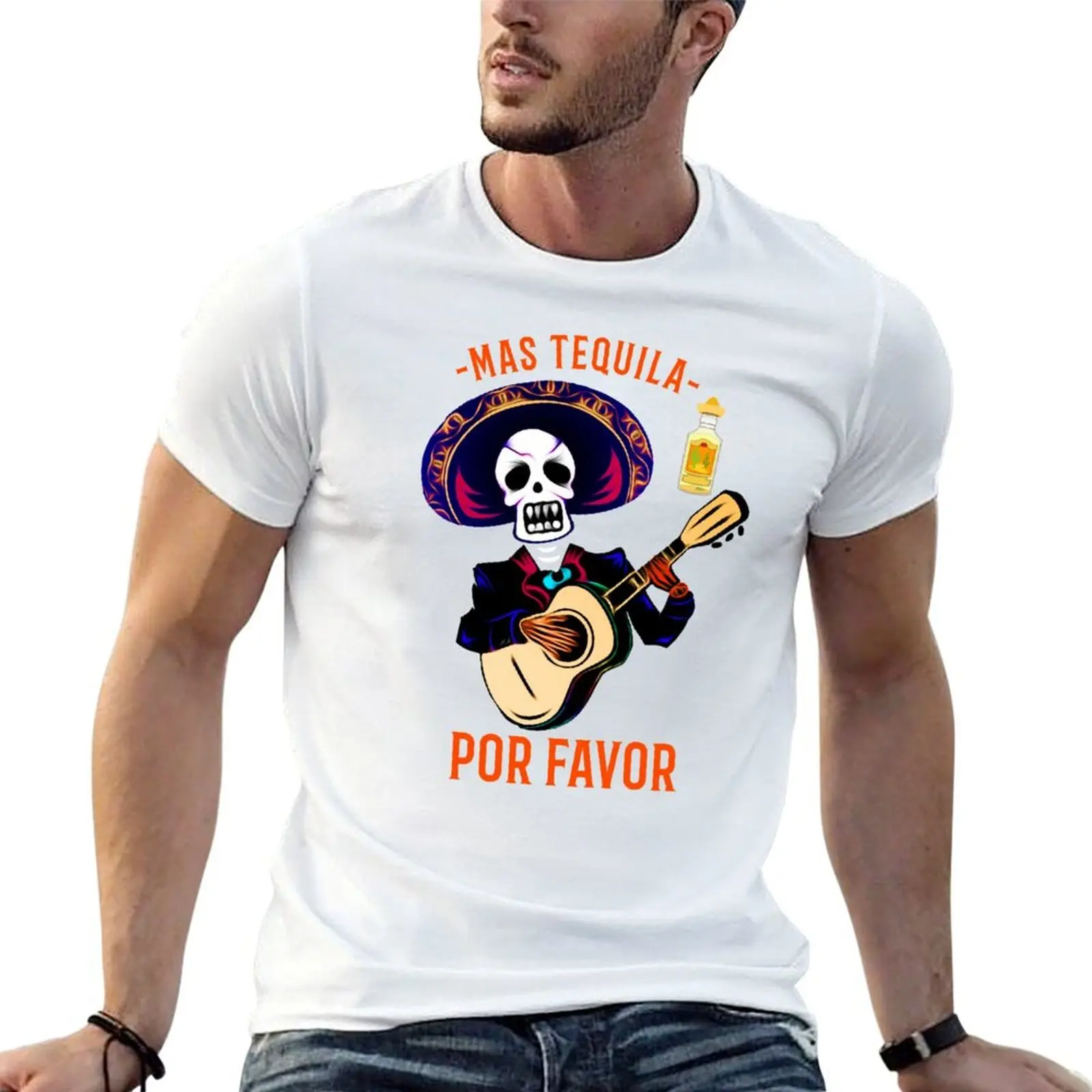 mas tequila por favor skeleton singing T-Shirt summer clothes vintage clothes mens funny t shirts