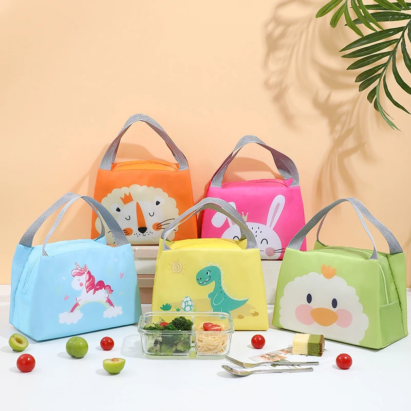 Cute Children\'s Lunch Bags Print Cartoon Animals Bag Kids School Bento Storage Pouch Thermal Insulation Tote Hangbag Mini Pouch