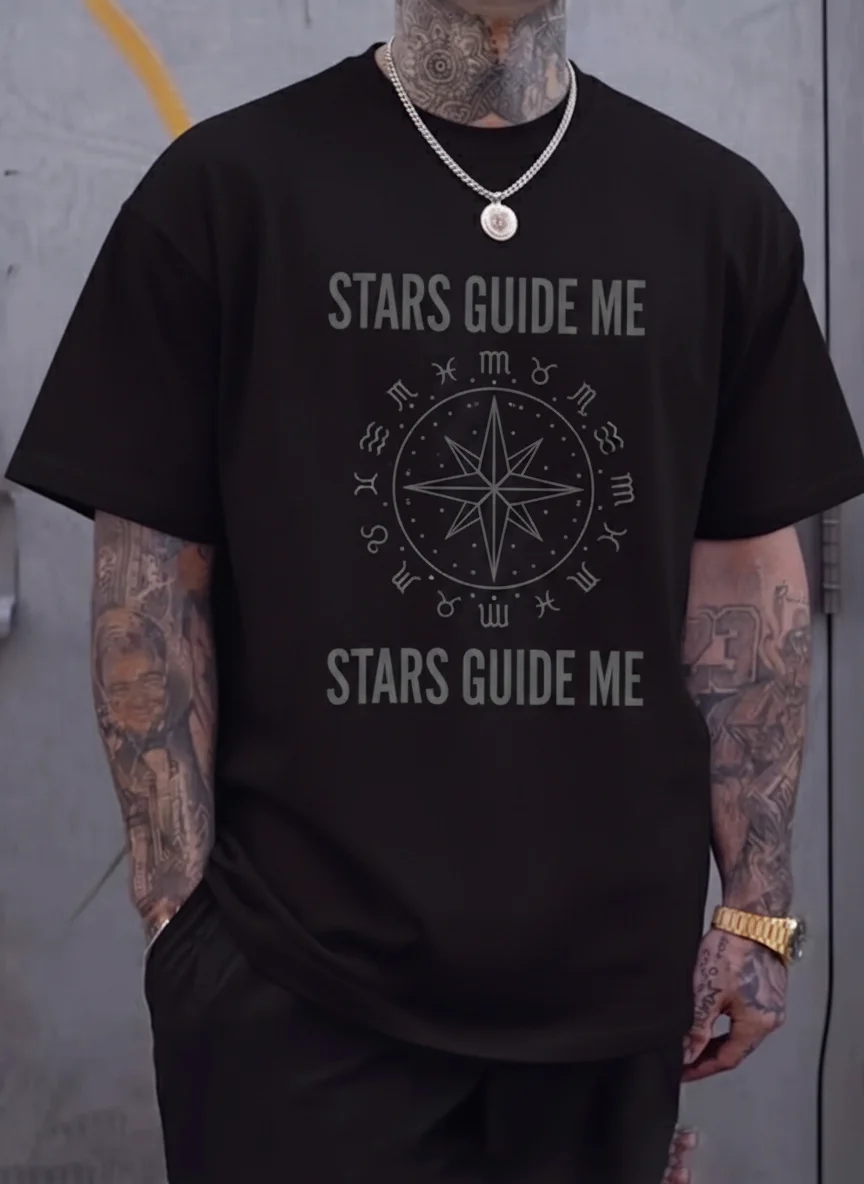 

Black Celestial Compass Graphic Tee with Zodiac Symbols and Stars Guide Me Slogan Printed Tee Soft Breathable Cotton Blend