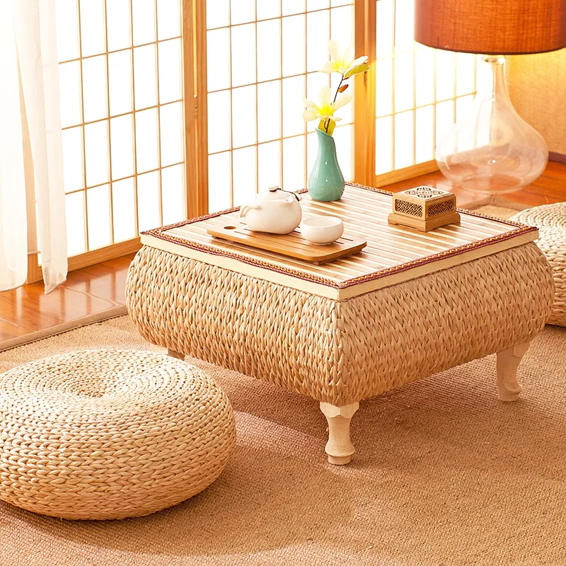 Rattan Bay Window Tables Tatami Tea Table with Storage Japanese Floor Desk for Bedroom Low Profile Coffee Table for Living Room