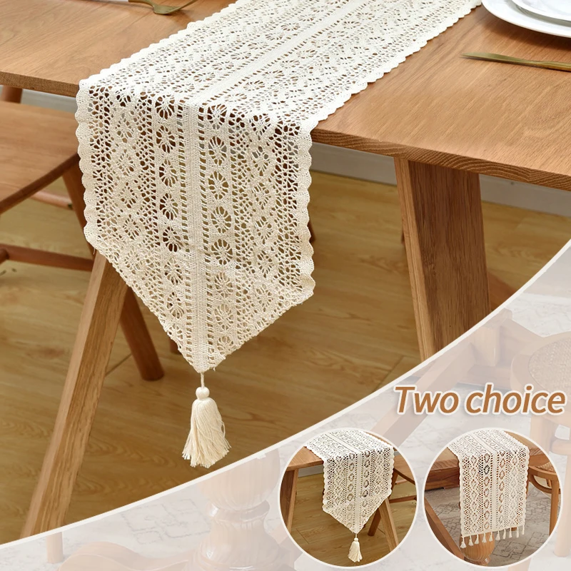 

Beige Crochet Table Runner Tassel Hollow Tablecloth Nordic Romance Table Cover Bed Runners Tabl Cover Deco