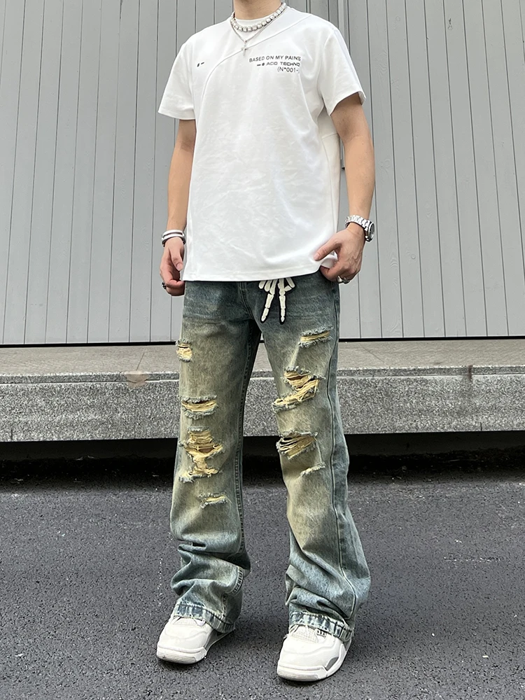 

Мужские джинсы в стиле ретро американского стритстайла, из потертого хлопка, свободного прямого кроя, модный дизайн, эффект стройности.