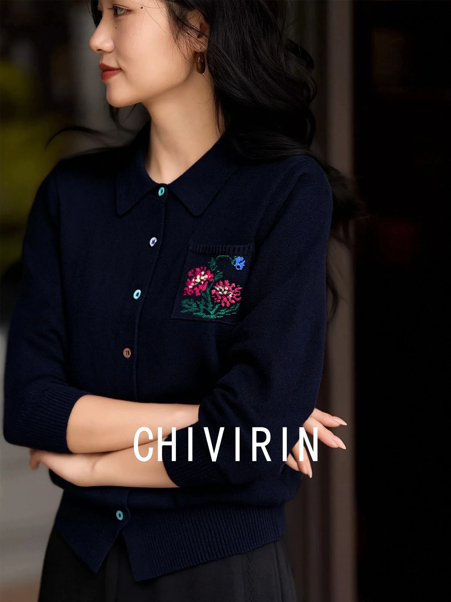 

Винтажный вязаный шерстяной кардиган Ele с вышивкой, длинными рукавами и отложным воротником, легкий люкс, универсальный женский свитер